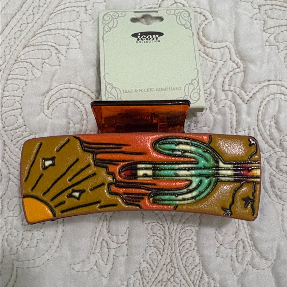 ICON COLLECTION Brown Hair Clip with Cactus Sunset Design